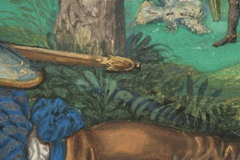 Painting. Detail view of the end of a gold scabbard and a person’s booted leg against grass and a tree. A blue scabbard is visible, even though it had been painted over with blades of grass.