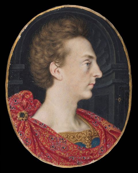 Painting. A pale-skinned man looks to our right in profile against an arched, dark grey niche in this oval portrait. His brown hair sweeps back from his high forehead. He has a bumped nose, downwards turning lips, and a knobby chin.