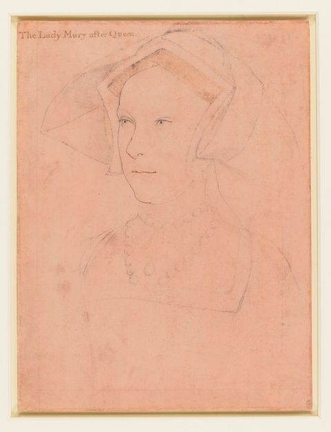 Painting. Shown from the hips up, a pale-skinned woman presses her narrow lips together as she looks off to our left with grey eyes. Her nose is upturned and her chin a bit puckered. She wears a marigold-orange and scarlet-red dress edged with jewels and pearls.