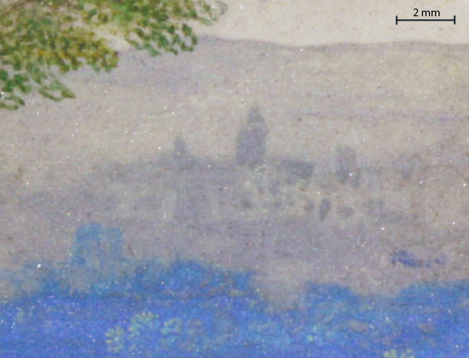 Painting. Detail view of graphite-grey buildings silhouetted against a lighter grey mountain. A band of neon blue is along the bottom edge of this detail.
