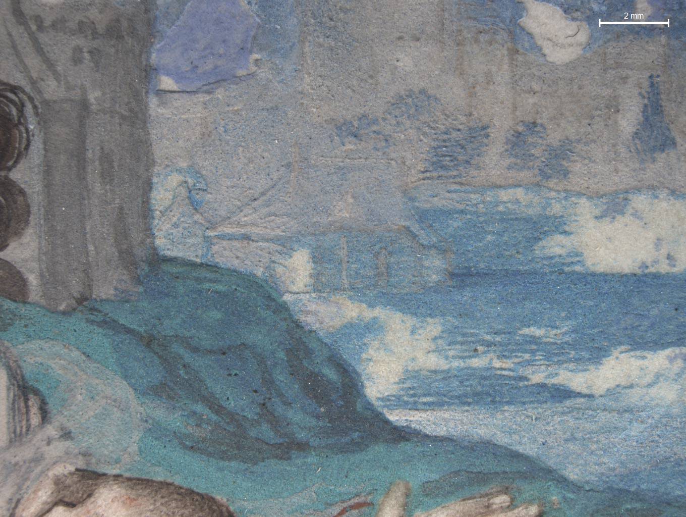 Painting. Detail view of a roofed structure in sky blue painted against nickel-grey mountains or cliffs.