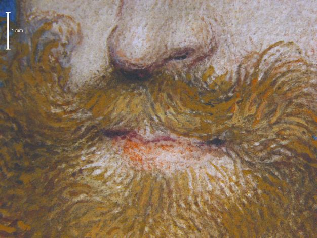 Painting. Detail view of a pale-skinned man’s pink lips, moustache, and beard. The latter is painted with short dashes and strokes of gingerbread and ochre brown. A scale in the upper left measures 1 mm.