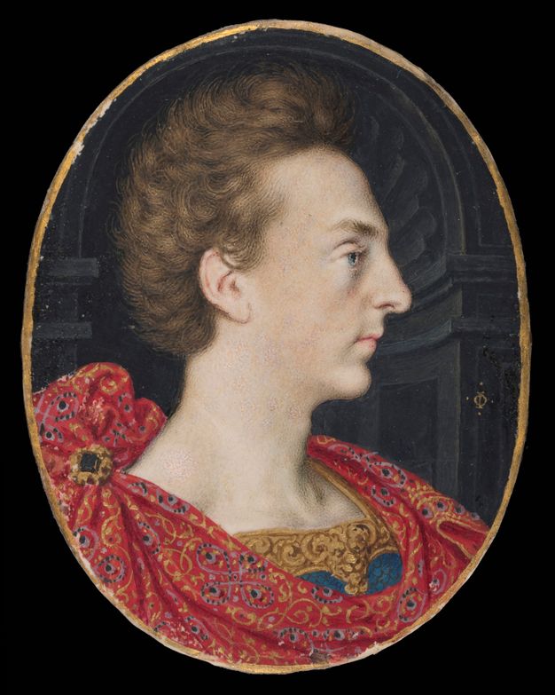 Painting. A pale-skinned man looks to our right in profile against an arched, dark grey niche in this oval portrait. His brown hair sweeps back from his high forehead. He has a bumped nose, downwards turning lips, and a knobby chin.