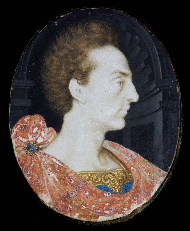 Painting. A man looks to our right in profile against an arched, dark grey niche in this oval portrait. His skin is nearly chalk white and his eyes translucent blue. His brown hair sweeps back from his high forehead. He has a bumped nose, downwards turning lips, and a knobby chin.