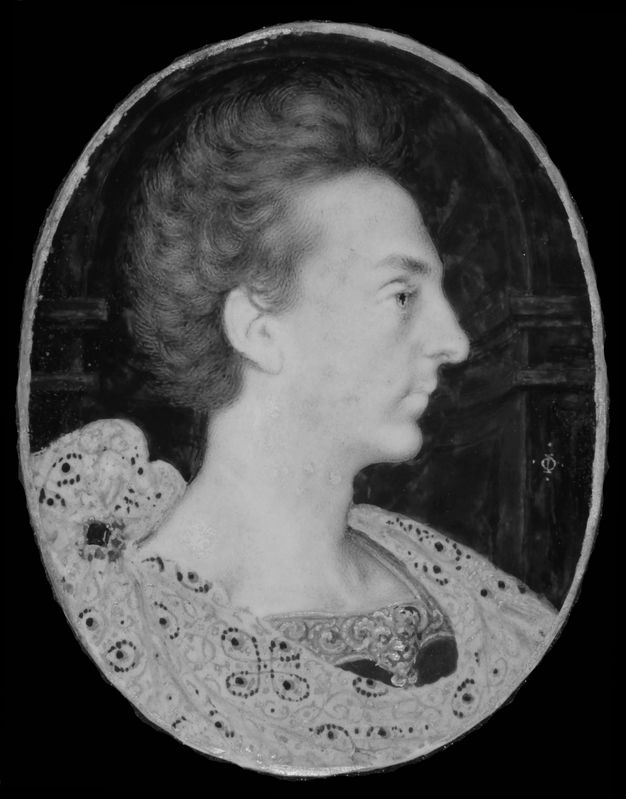 Infrared photograph. The arched niche behind a man facing our right in profile appears mottled in this black and white image.