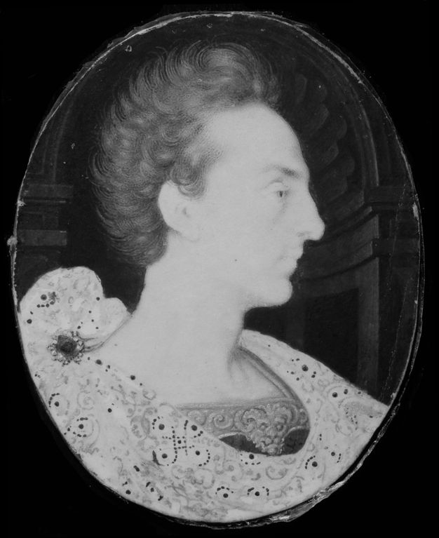 Infrared photograph. The arched niche behind a man facing our right in profile is evenly shaded in this black and white image.