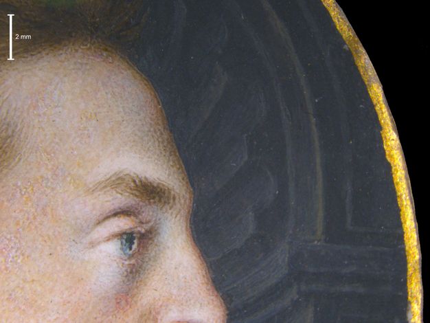 Painting. Detail view of the scalloped edge of a curved black niche behind the profile of a pale-skinned man.