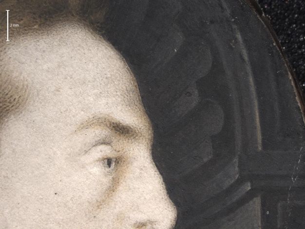 Painting. Detail view of the scalloped edge of a curved black niche behind the profile of a pale-skinned man.