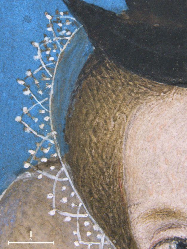 Painting. Detail view of a lacy headdress against blond hair. The lace pattern is painted with a row of slightly overlapping pointed arches dotted with white.