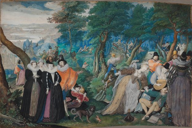 Painting. Couples walk, play music, kiss, or hunt in a leafy forest landscape. They all have pale or tanned skin. A forest drops steeply down to a distant, hazy landscape with a river winding between mountains off to our left.