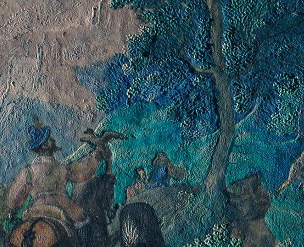 Painting. Detail view of a man on horseback surrounded by textured blue, green, and tan of a forest.