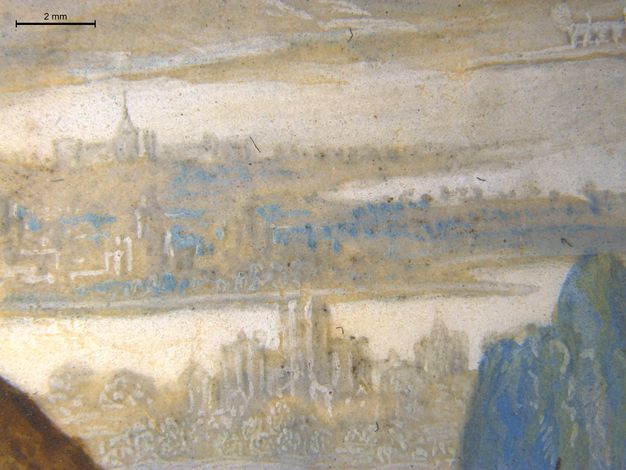 Painting. Detail view of smoke-grey paintings along a parchment-white sky. Some buildings are highlighted with white, and touches of pale blue creates shadows across the town. A scale measuring 2 mm is at the top right.