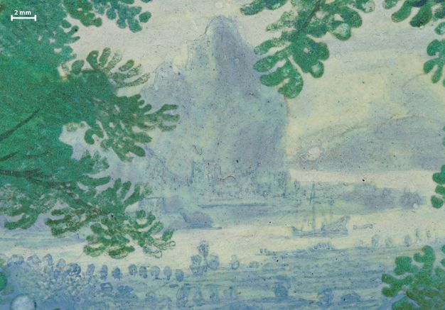 Painting. Detail view of fog-blue buildings painted against towering, rocky structures.