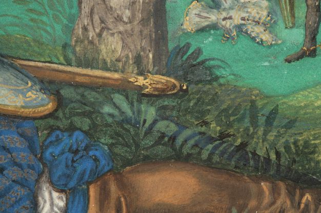 Painting. Detail view of the end of a gold scabbard and a person’s booted leg against grass and a tree. A blue scabbard is visible, even though it had been painted over with blades of grass.