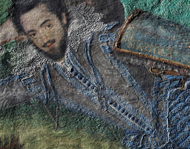 Painting. Detail view of a grey doublet with blue buttons and edging. In raking light, the white lace of his collar and the blue stand out in textured relief.