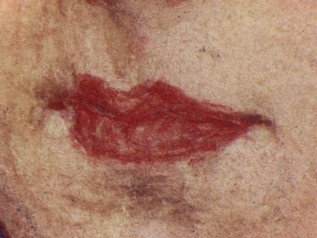 Watercolour. Detail view of a pale-skinned person’s rose-red, bow-shaped lips.