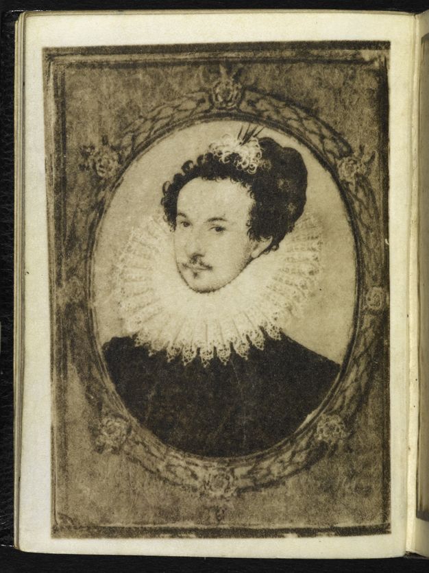 Painting. Black and white facsimile of a page from a book. A portrait of a pale-skinned man in an oval frame has a delicate goatee, and he wears what could be a white-feathered cap set back on dark curls. A wide, pleated lace ruff fans out under his chin and angles up the back of his head. He wears a dark doublet.